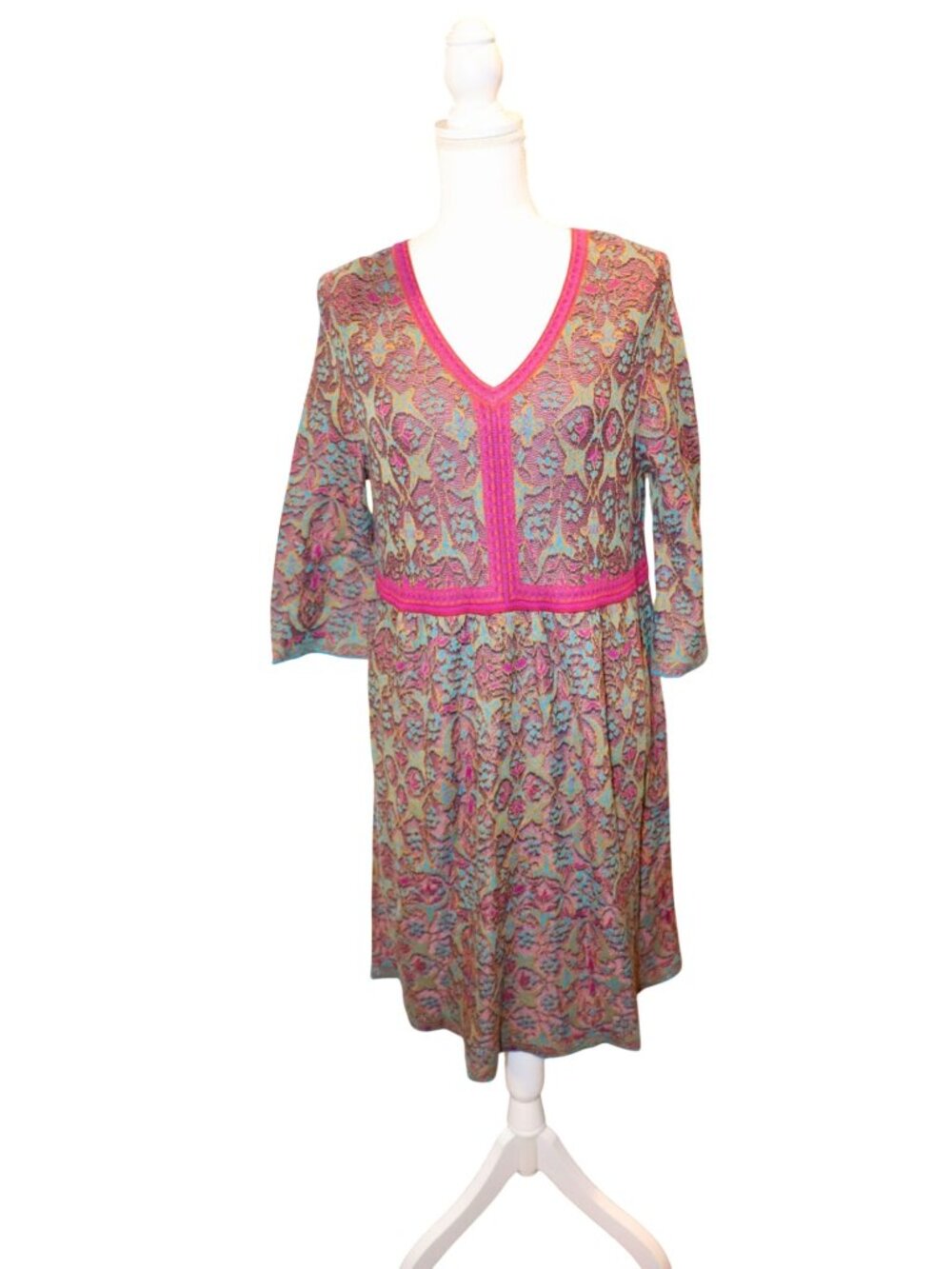 Peruvian Connection Kashmiri Jacquard Dress Knit Dress With Pink Trim Size L 3/4